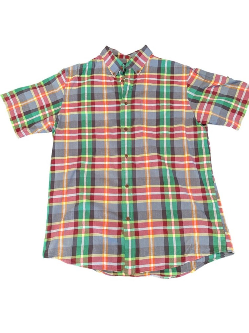 Land's End Boy's M Traditional Fit Red Green Striped Plaid Button Down Shirt